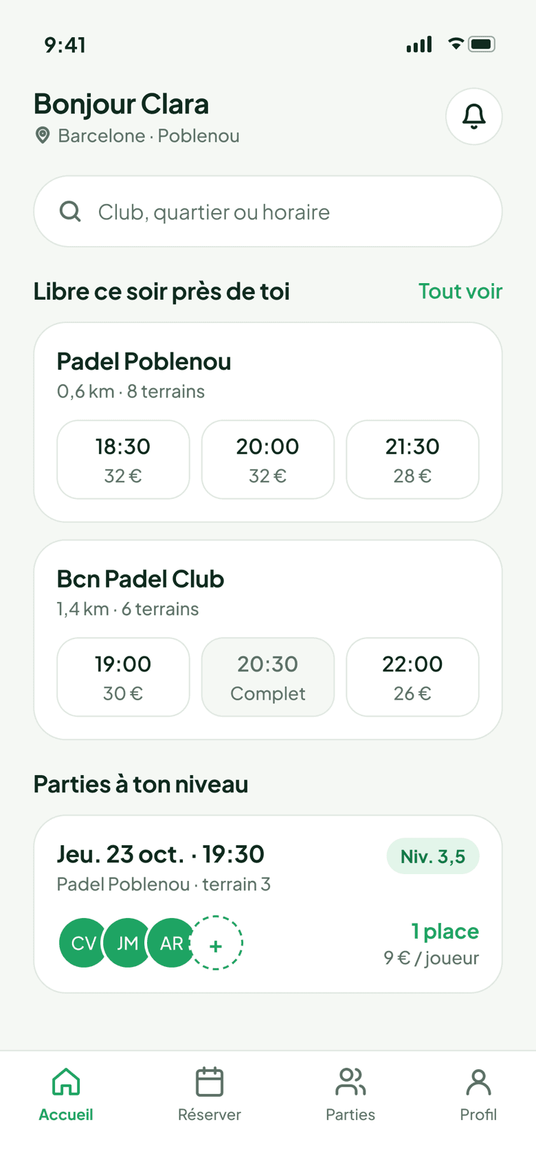Écran d’accueil de Mira : créneaux libres ce soir près de toi