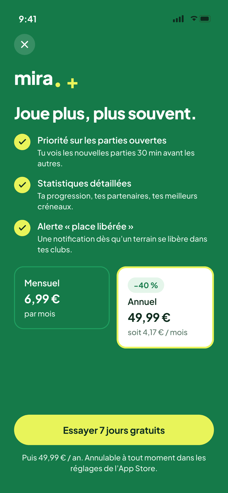 Écran d’abonnement Mira+